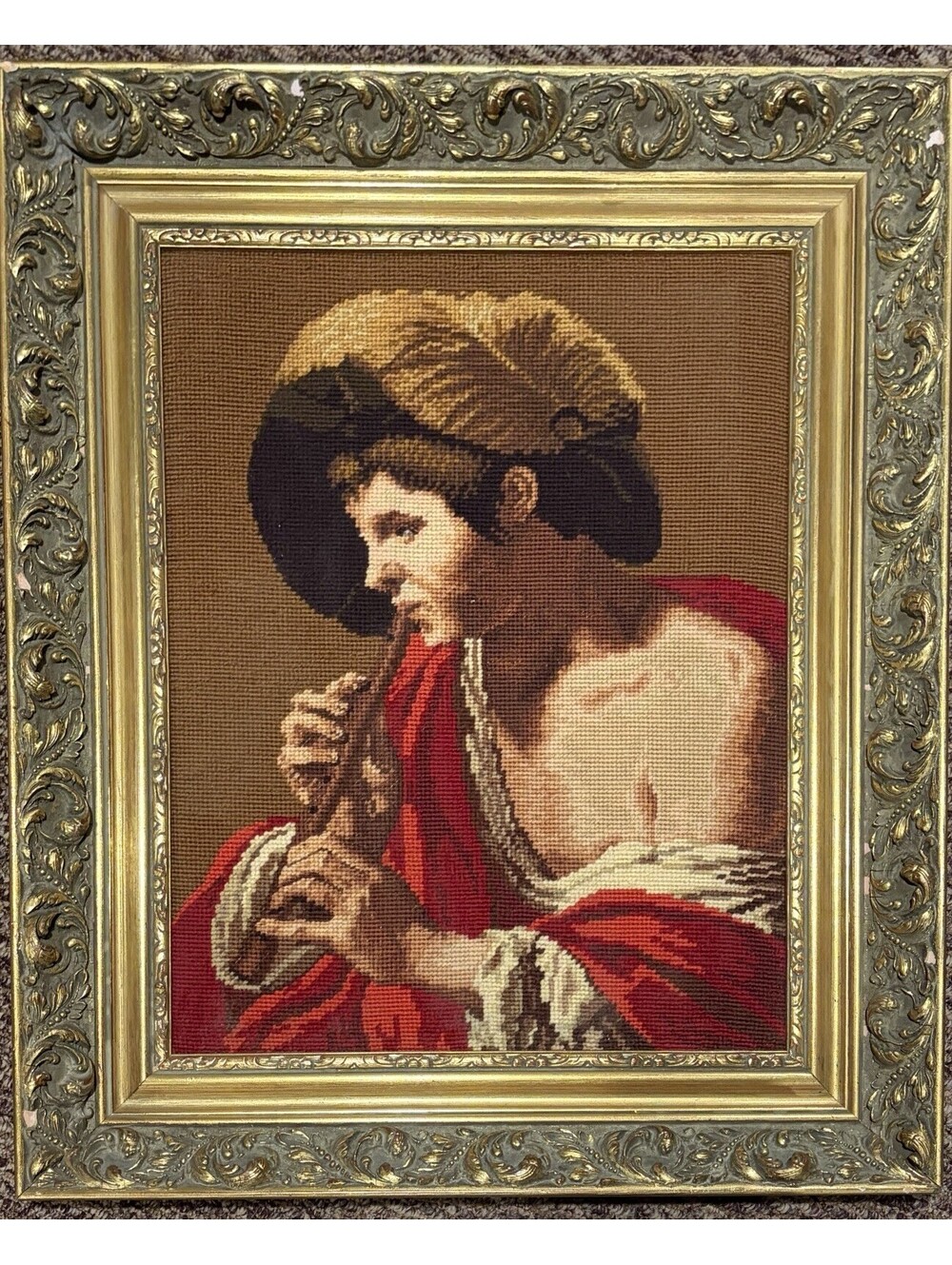 Vintage Framed Needlepoint The Flute Player Hendrick ter Brugghen 24x19 Baroque